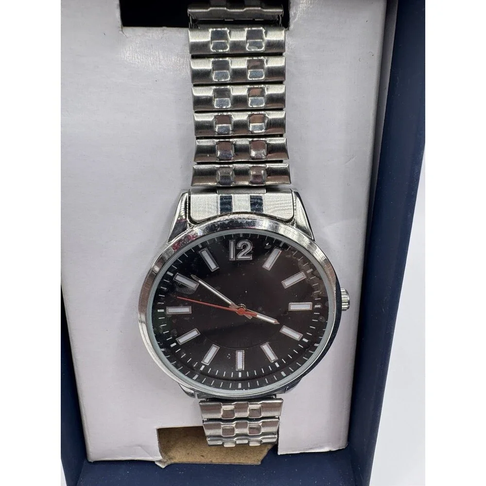 George Men's Silver Round Case Expansion Bracelet Watch Black Dial Red Hand New